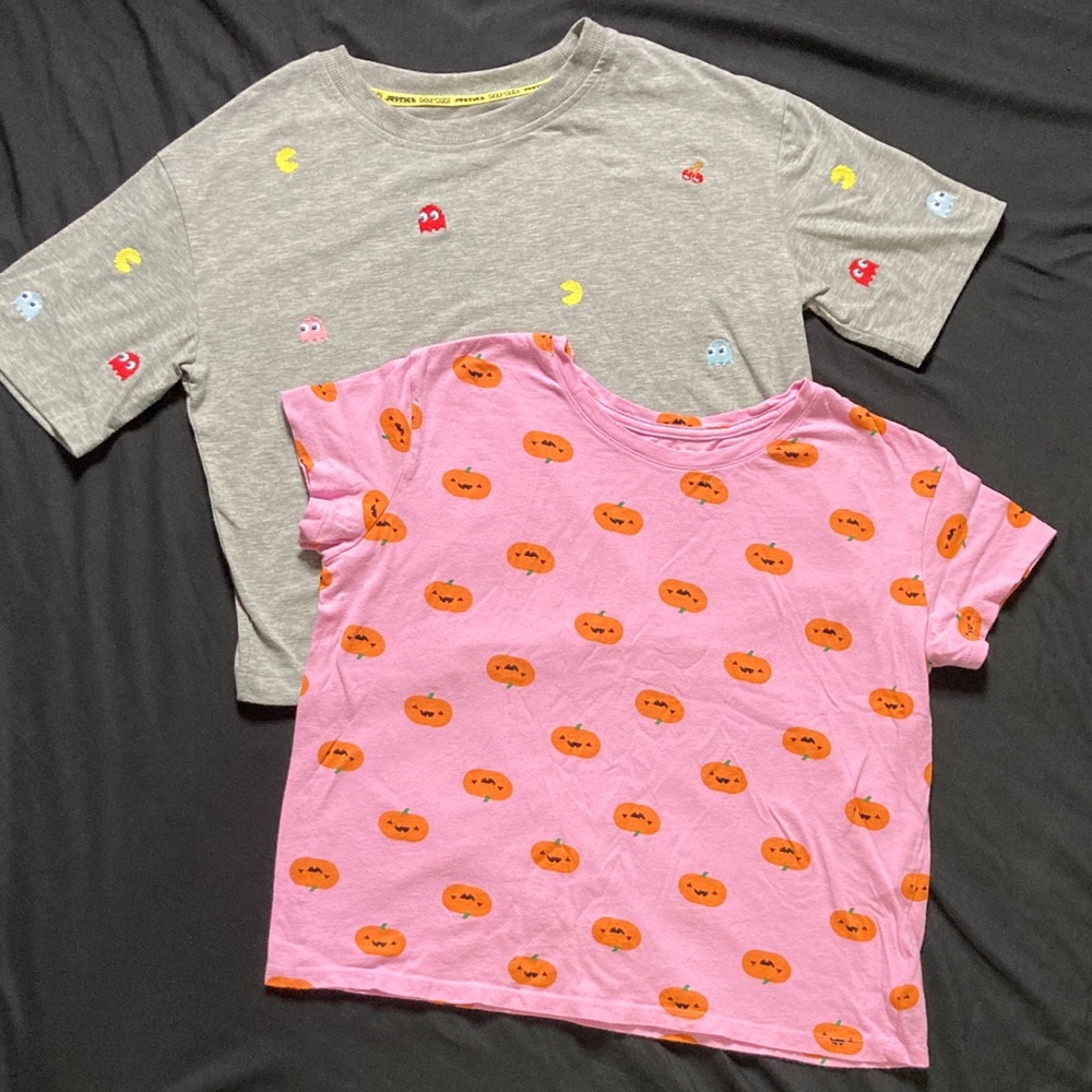 Lot of 2 Cute Kids T-Shirts Justice Old Navy Pink Pumpkin Pac-Man Size L XXL